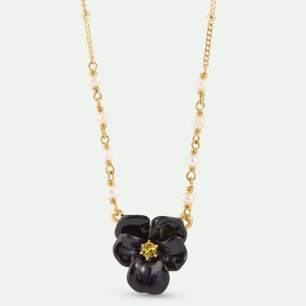 Black pansy and faceted crystal necklace