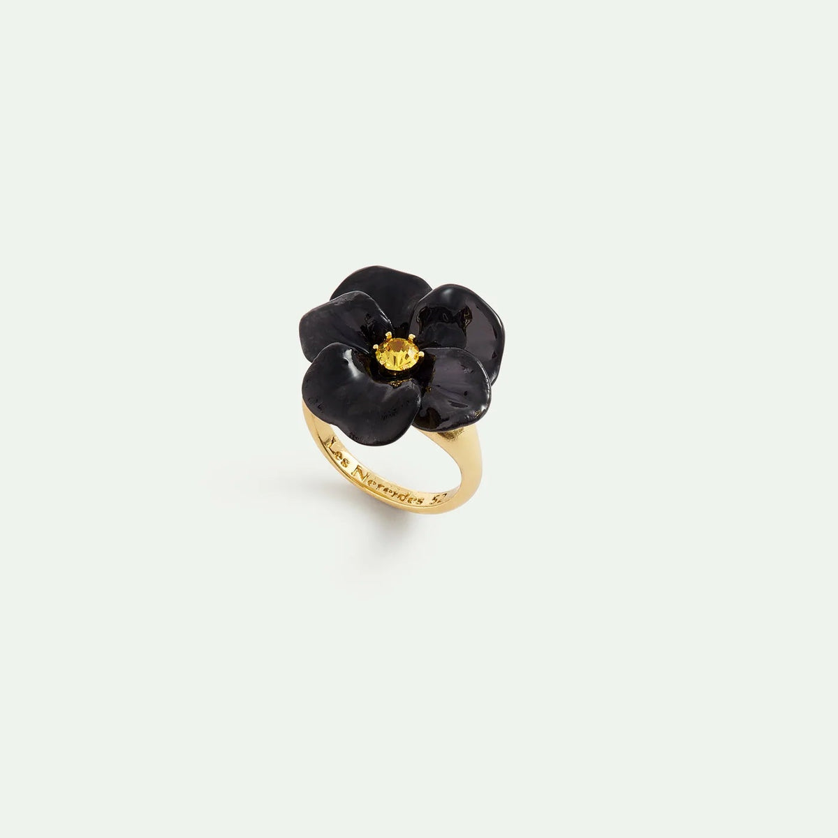 Black pansy and faceted crystal cocktail ring