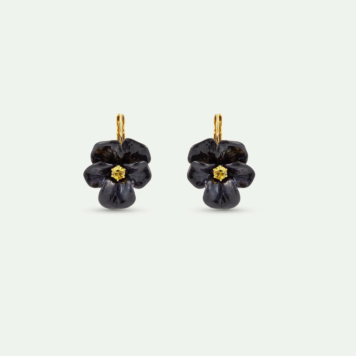 Black pansy and faceted crystal sleeper earrings